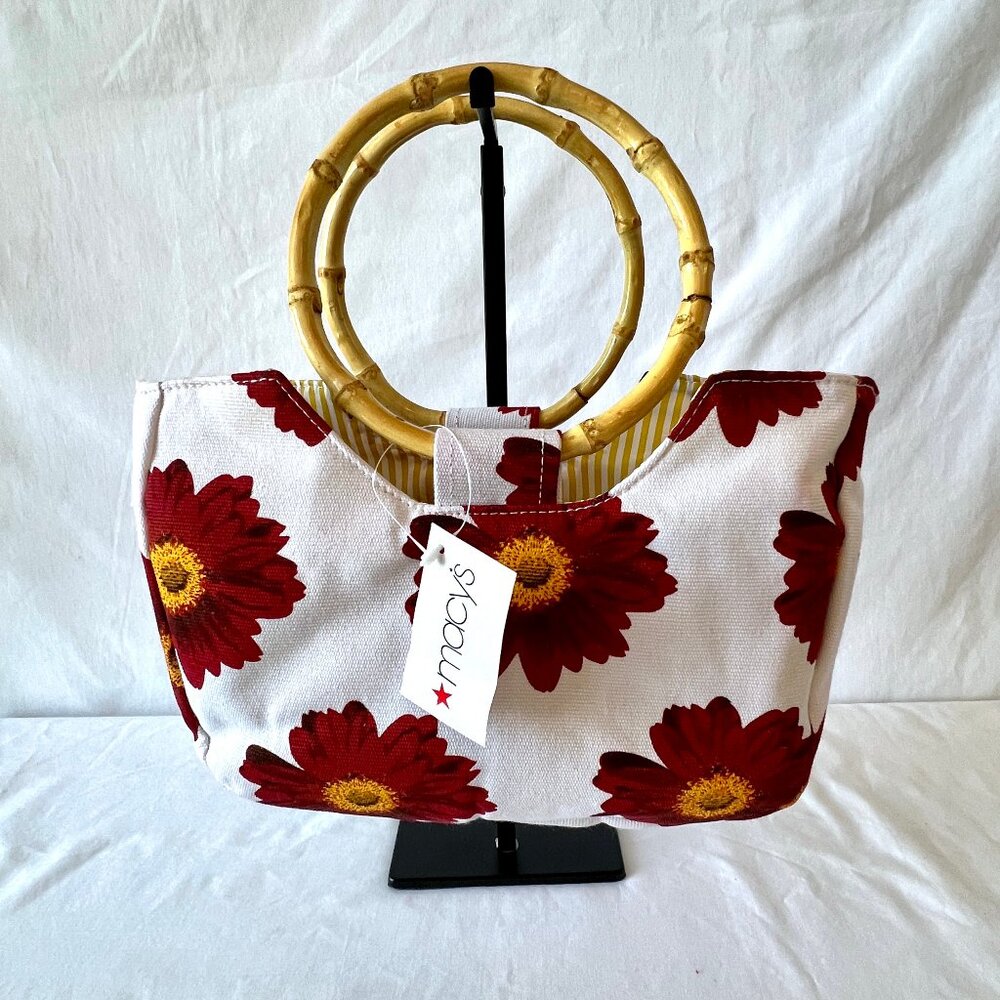 Floral Canvas Small Tote Bag with Flat Bottom by Macys, White & Red, New!